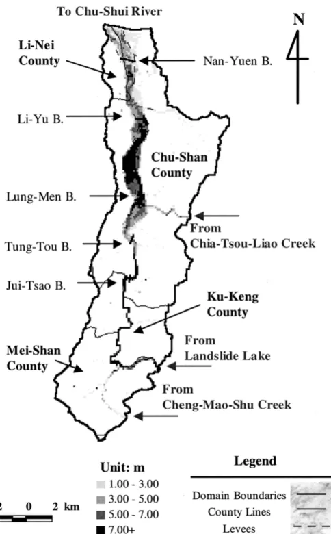 Figure 4. Downstream inundation depths of Tsao-Ling landslide lake under a 100-y 24-h rainfall with 6-h dam failure duration.