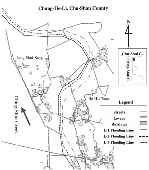 Figure 6. Different degrees of flooding lines evaluated from inundation potentials analysis for Chung-He-Li of Chu-Shan County, downstream of Tsao-Ling landslide.