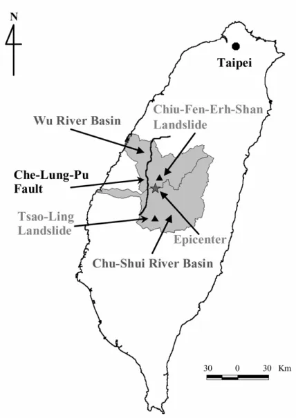 Figure 1. Epicenter of Chi-Chi earthquake and two basins having landslide lakes formed.