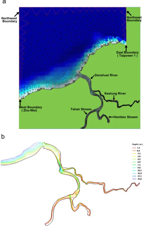Fig. 2. (a) An unstructured model grid representing the modeling domain and (b) contour of bottom topography in the Danshuei River estuarine system.