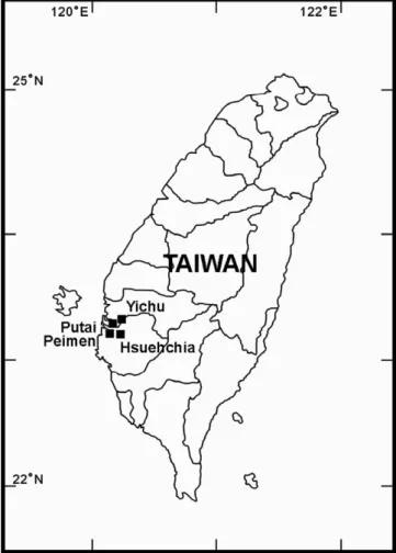Fig. 2. Map showing locations of sampling sites (j) in the southwestern region of Taiwan.