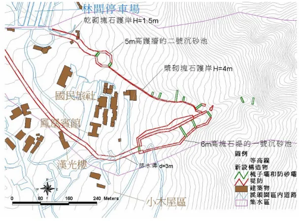 圖 3-6  新設工程構造物位置圖 五、泥砂資料 本計畫將下列參數輸入 FLO-2D 之泥砂資料(SED.DAT)中，分別 為：土砂比重、通過重量百分比 50％之粒徑(D 50 )、土砂級別指數、 漫地流層流阻力係數、土砂濃度黏滯性阻力係數、土砂濃度黏滯性降 伏應力等。土砂比重、D 50 及土砂級別指數等三參數需至現地泥砂採 樣，進行土力實驗求得；漫地流層流阻力係數則是依 FLO-2D 使用手 冊建議值輸入；土砂濃度黏滯性阻力係數，土砂濃度黏滯性降伏應力 則是依詹錢登(1997)之實驗參數輸入，以下分別敘述