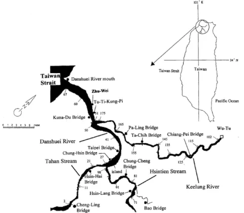 Fig. 1. Map of the Danshuei River system (lines across the river are model transects at 0.5-km intervals; numbers are model segment numbers).