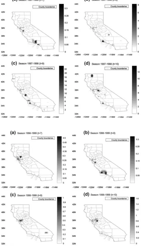 Fig. 5 Map of influenza mortality rate (per 10 5 individuals of the ag ‡ 65 group during 1998–1999) for a t = 7 through d t = 10 (see Table 1 for bi-weekly periods)