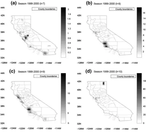 Fig. 7 Map of influenza mortality rate (per 10 5 individuals of the ag ‡ 65 group during 2000–2001) for a t = 7 through d t = 10 (see Table 1 for bi-weekly periods)