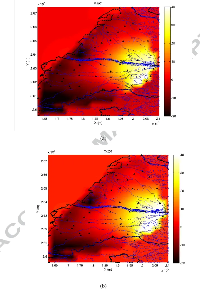 Figure 3 The piezometric head (in meter) maps using BME on (a) March, 2001, and  (b) October, 2001 