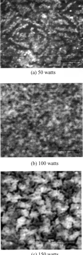 Figure 5. SEM photos of PZT thin film on silicon substrate processed under different sputtering power conditions.