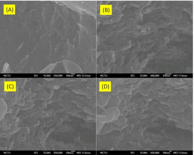 圖 4-1-13  聚亞醯胺/二氧化矽 5wt%  混成薄膜之 FE-SEM 觀測圖  (A)表面(B)橫截面 80000 倍(C)  橫截面 50000 倍(D)  橫截面 30000 倍 