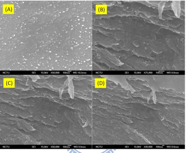 圖 4-1-14  聚亞醯胺/二氧化矽 10wt%  混成薄膜之 FE-SEM 觀測圖  (A)表面(B)橫截面 75000 倍(C)  橫截面 50000 倍(D)  橫截面 30000 倍 