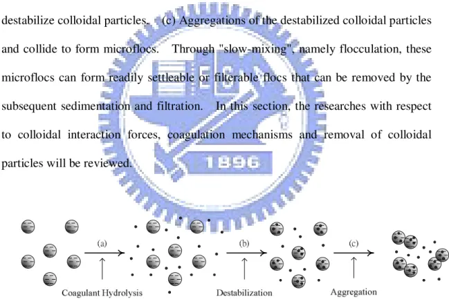 Fig. 2.4    Schematic diagram of coagulation process: (a) coagulant hydrolysis (b)  destabilization of colloidal particles, and (c) aggregation of destabilized  colloidal particles