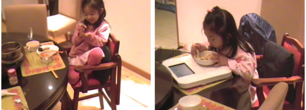 Figure  1.1  On  the  left,  a  young  child  is  performing  her  imitation  skit  and  not  paying  attention  to  eating  her  food