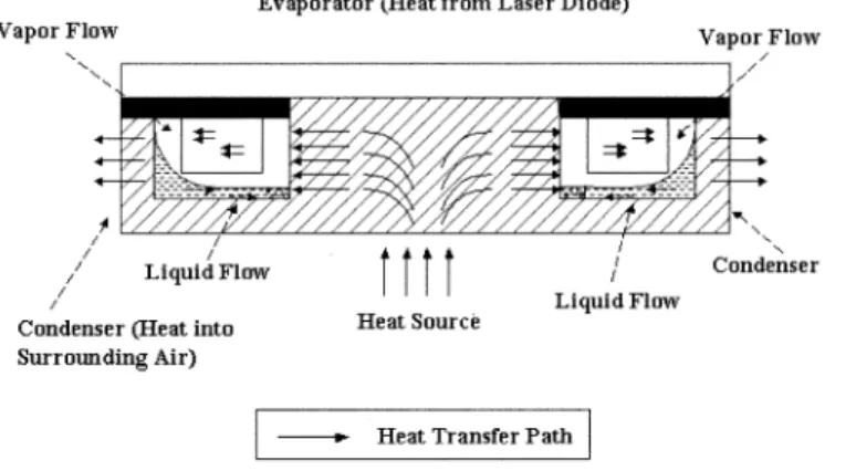 Fig. 4. Heat flow and liquid-vapor flow in a DMHP micro-groove.