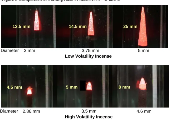 Figure 4. Profiles of burning fire cones of incenses with various diameters and compositions of  volatile component   