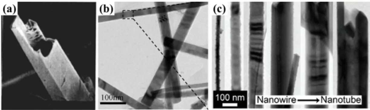 圖 2-10 文獻中硒化銻(a)奈米方柱、(b)奈米線、(c)奈米線與奈米管狀形貌。  圖 2-11  硒化銻(a)奈米球狀、(b)微米方柱狀、(c)海膽狀、(d)奈米帶狀、(e)奈米 蛀蟲狀之奈米結構形貌。  但以上利用化學合成法製作，雖然方法簡單、操作環境容易達成，但是在實 際應用上，只能藉由其他方式製備成薄膜或形成塊材，然而此雜亂堆疊(Random  packing)卻無法展現奈米結構的特殊形狀及優選方位(Preferential  orientation)的優 勢，亦會造奈米結構堆疊效率(Packi