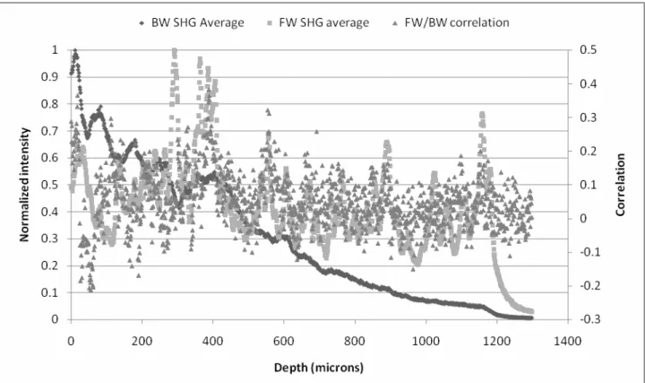 Fig. 3 Quantitatively analysis of FSHG/BSHG intensity profile and their correlation in a smaller area (8 by 8 microns)