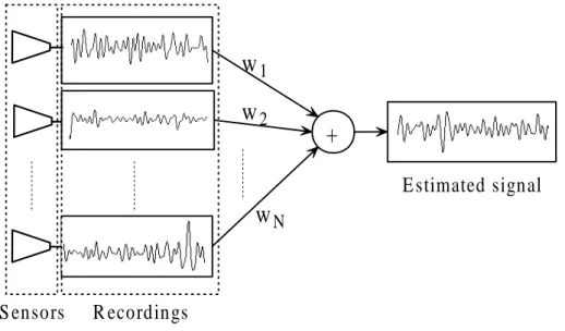 Figure 3.1: Basic concept of spatial filter. Spatial filter utilizes the recordings measured by sensors cites at distinct location to estimate the target source signal