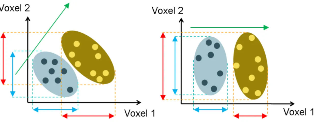 Figure 2.9: Schematic scatterplots illustrating of significant bias of VBM. There are two ellipse which stands for two different morphological groups