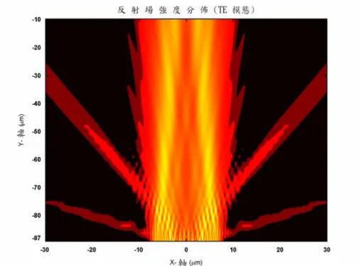 圖 3.11 光柵的反射場強度分佈(TE 模態)。 