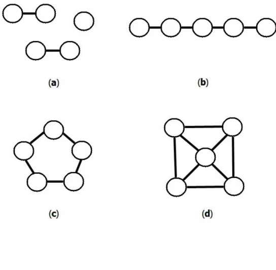 圖 4.1  五個 INUs 的連接度指數範例及其值:(a)2; (b)4; (c) 5;及(d)8. 