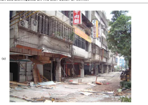Figure 17. (a) Photo of a damaged 5-story building with seven units in a row, and (b) schematic diagram of the building in (a) and the damage locations of the columns along the corridor.