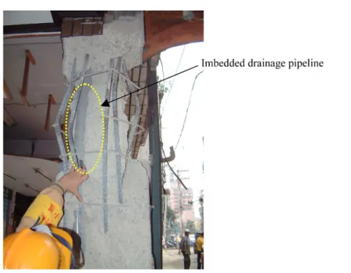 Figure 19. A damaged column with 28-cm spacing of transverse reinforcement and with im- im-bedded drainage pipelines.