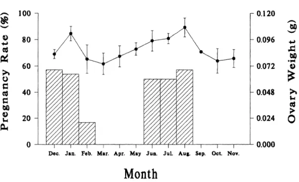FIG.  3.--Monthly  changes  of paired ovarian weight (line, mean +  SE) and pregnancy  rate (bars)  for adult female Petaurista  petaurista  in Sunmin, Taiwan, December 1981-November  1982