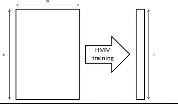 Figure 1.1. The left matrix is the pure data before the HMM training, where m is  the size of feature data n and n is the number of the training data length