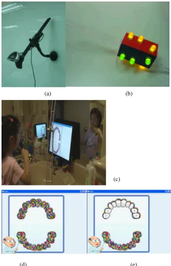 Fig. 3. The Playful Tray prototype: (a) and (b) are screen shots for the Racing game; and (c) and (d) show the tray prototype with a Palm-top PC and weight sensing surface.