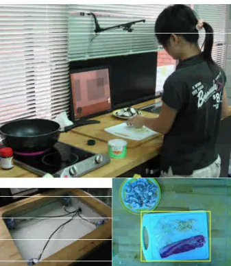 Fig. 5 depicts our Calorie-aware Kitchen [7]. It is augmented with sensors that track the food ingredients used during cooking, and provides just-in-time digital feedback to raise healthy cooking awareness