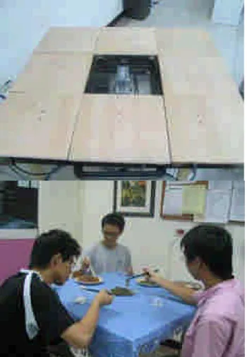 Fig. 6. The picture on the left shows the embedded RFID and weighing table surfaces, and the picture on the right shows a dining scenario.