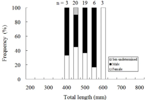 Figure 2. The sex ratio in relation to total length of   Japanese eels in a semi-intensively cultured   pond in Lukang