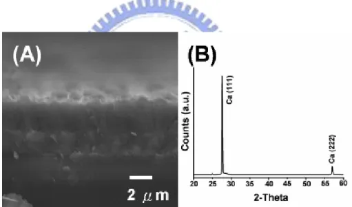 Figure 3.1 (A) Cross sectional SEM image, and (B) XRD pattern of a calcium thin film  deposited on a Si substrate