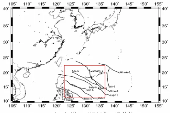 圖 2-7  颱風規模 5 影響船隻異動的範圍  2.4  颱風風速及方位角對船舶動態的影響  本計畫對於颱風風速及颱風中心至花蓮港之方位角對船隻異動指 數進行分析，示如圖 2-8 及 2-9 。由圖 2-8 可看出船隻異動指數 1 分布 於 75~175knots 的範圍，指數 2~4 則其風速分布在 55~295 knots 的範 圍，指數 2~4 之颱風風速指數 1 之風速較無鑑別度，顯示颱風風速必 非直接影響船隻異動。另外，由圖 2-9 可知，影響花蓮港船舶動態，以 花蓮港之緯度為界 0~150 度