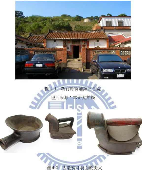 圖 4-1  新竹縣新埔鎮三合院  照片來源：本研究拍攝 圖 4-2  古老熨斗裏面放炭火  照片來源：五月雪創意服飾楊進煥提供  農具中的風鼓（圖 4-3）、曬穀場（圖 4-4）、雞籠蓋（圖 4-5）、簑 衣（圖 4-6）、竹編的龜殼（圖 4-7）（農人在稻田裏插秧或除草時覆在 背上防雨用的，可把整個人包住），還有一種叫作蟬殼，就是尾巴比較 長一點的，還有一種農用的支架（圖 4-8） ，如在山上挑木材時，可用支 架，把木材橫放在上面用肩挑，利用槓桿原理來節省力氣，半路如果肩 酸要休息，可以把支架直立在地上