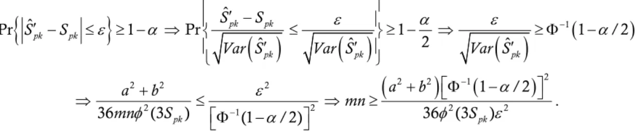 Table 2-6 displays the sample sizes required for the normal approximation to converge to the real  S pk  within a designated accuracy  ε   less than 0.10, 0.09, 0.08, 0.07, 0.06, 0.05, 0.04, 0.03, 0.02,  0.01, respectively, and the derivation is briefly do