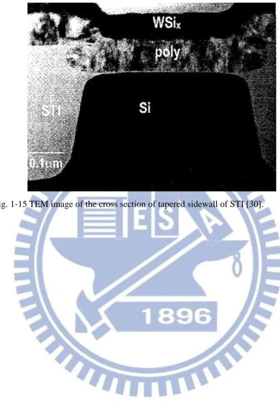 Fig. 1-15 TEM image of the cross section of tapered sidewall of STI [30]. 