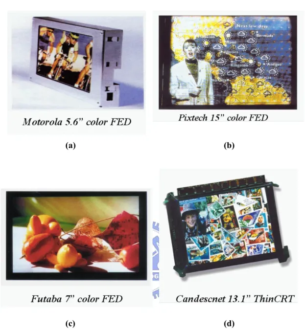 Fig. 1-6    The FED products based on Spindt type field emitters, (a) motorola 5.6” color  FED, (b) Pixtech 15” color FED, (c) Futaba 7” color FED and (d)  Sony/Candescent 13.1” color FED 