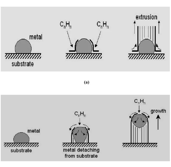 Fig. 1-11    Growth mechanism of CNTs growth (a) base growth model, (b) tip growth  model 