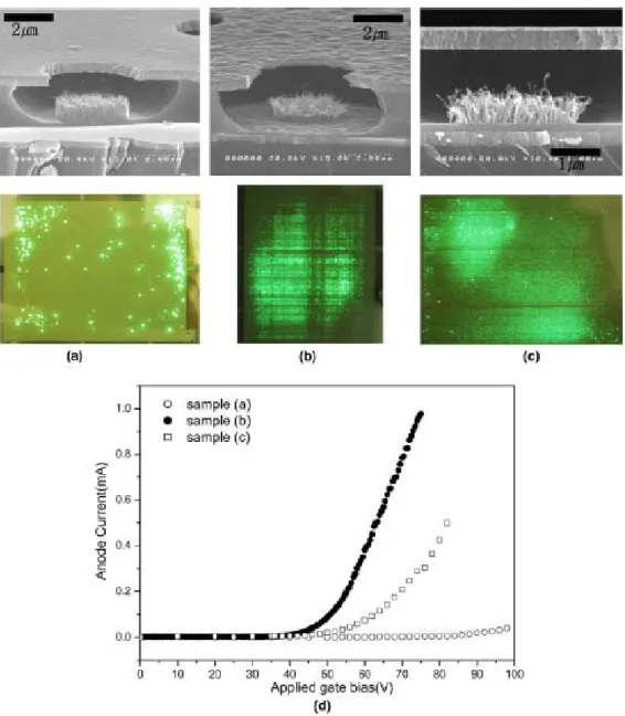 Fig. 1-18 SEM and phosphor emission images of gated FEAs taken at the samples with  the Al and catalyst thickness of (a) 2/2, (b) 5/2, and (c) 2/5 nm