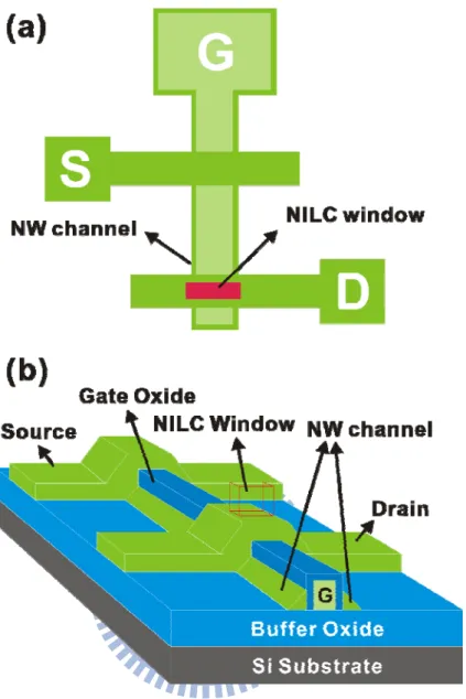 Figure  4‐3  (a)  Top  view  of  the  proposed  NILC  poly‐Si  NWs  TFT  structure,  and  (b)  the  3‐D  schematic of poly‐Si NWs TFTs. 