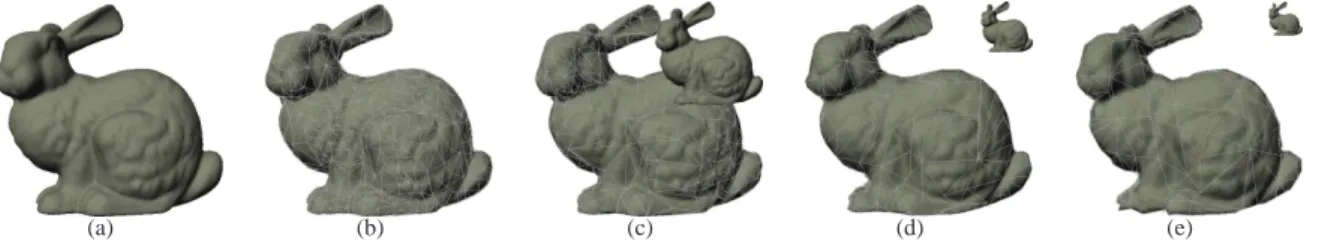 Figure 4: (a) is the original mesh (65, 491 polygons) of a bunny viewed at one cell away (cell size 50), (b-g) are MVMeshes of the bunny at 1 (1, 605 polygons), 2 (945), 4 (392), 6 (306) cells away