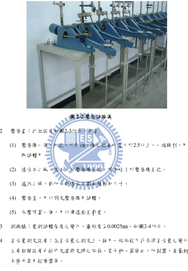 圖 2-2 壓密試驗儀  2  壓密盒：此組設備如圖2-3所示，包含  (1)  壓密環一個，內徑大於5  ㎝，環之徑高比需大於2.5以上，一端鋒利，用以 取試體用。  (2)  透水石二塊，底石大於壓密環直徑，頂石略小於壓密環直徑。  (3)  濾紙二張，裁切成與透水石圓面積相同尺寸。  (4)  壓密室，用以固定壓密環及試體。  (5)  承壓頂蓋一個，用以傳遞垂直載重。  3  測微錶：量測試體厚度之變化，靈敏度為0.0025㎜。如圖2-4所示。  4  含水量測定設備：在含水量之測定上，採用一般烘乾