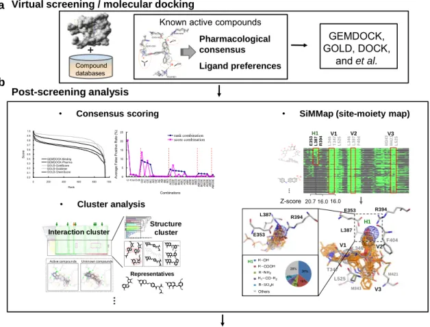 Figure 1.1. Overview of structure-based drug design and related works. The major steps of  structure-based drug design include (a) virtual screening and (b) post-screening analysis and  following bioassay
