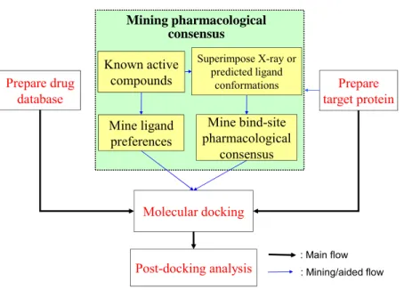 Figure 2.4. The main steps of GEMDOCK for virtual database screening, including the target  protein and compound database preparation, flexible docking, and post-docking analysis