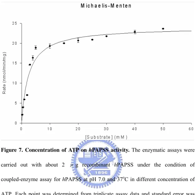 Figure 7. Concentration of ATP on hPAPSS activity. The enzymatic assays were  carried out with about 2 μ g recombinant hPAPSS under the condition of  coupled-enzyme assay for hPAPSS at pH 7.0 and 37 o C in different concentration of  ATP