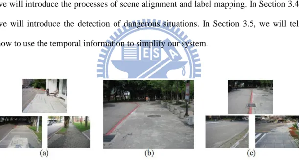 Figure 3-2 Major challenges: (a) variations of scene appearance, (b) feature similarity between road  and sidewalk, and (c) very different scene contents from different viewing directions