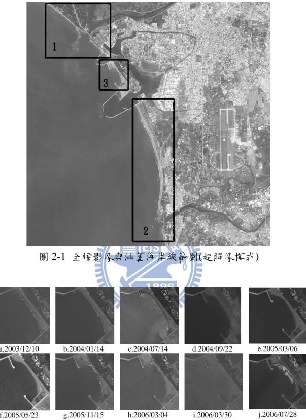 圖 2-1  全幅影像與涵蓋海岸線範圍(超解像模式)  a.2003/12/10  b.2004/01/14  c.2004/07/14  d.2004/09/22  e.2005/03/06  f.2005/05/23  g.2005/11/15  h.2006/03/04  i.2006/03/30  j.2006/07/28  圖 2-2  不同的拍攝條件下所拍攝的衛星影像  (一)直方圖的等化  圖 2-3 為圖 2-2 所示的 10 張衛星影像圖的亮度直方圖(Histogram) 分佈。數位影像的
