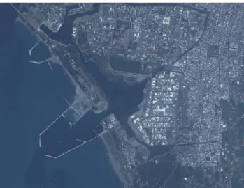 圖 2-11 FORMOSAT-2 多光譜影像的可見光所融合成的影像  本研究亦嘗詴以多頻譜影像來做灘線的第二種判讀方法。由於一 般影像處理流程中的邊界擷取法以及區域成長法皆僅能對單一層資 料 來 做 分 析 。 故 本 研 究 以 常 態 化 植 生 指 數 (normalize  difference  vegetation index, NDVI)當作一合成指標，用來將多個頻譜以一定的比 例做合併，NDVI 是往昔研究中常用來辨識空照圖或影像中的植物用 的指標，其定義為：  NIR R NDVI NI