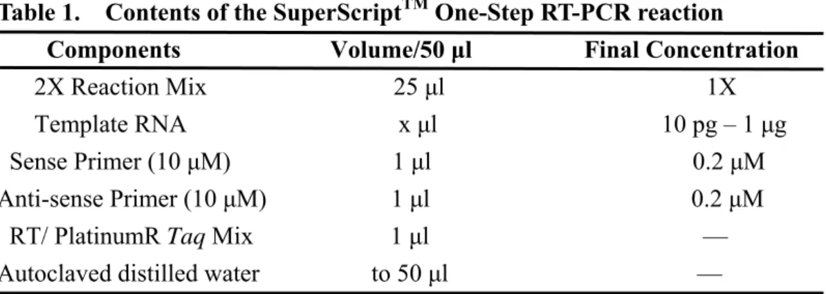 Table 1.    Contents of the SuperScript TM  One-Step RT-PCR reaction 