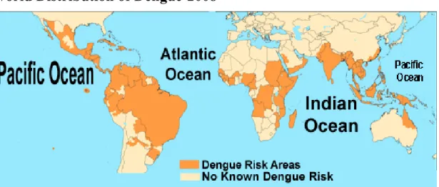 Fig. 1.1 World distributions of dengue viruses and their mosquito vector, Aedes aegypti,  in 2008